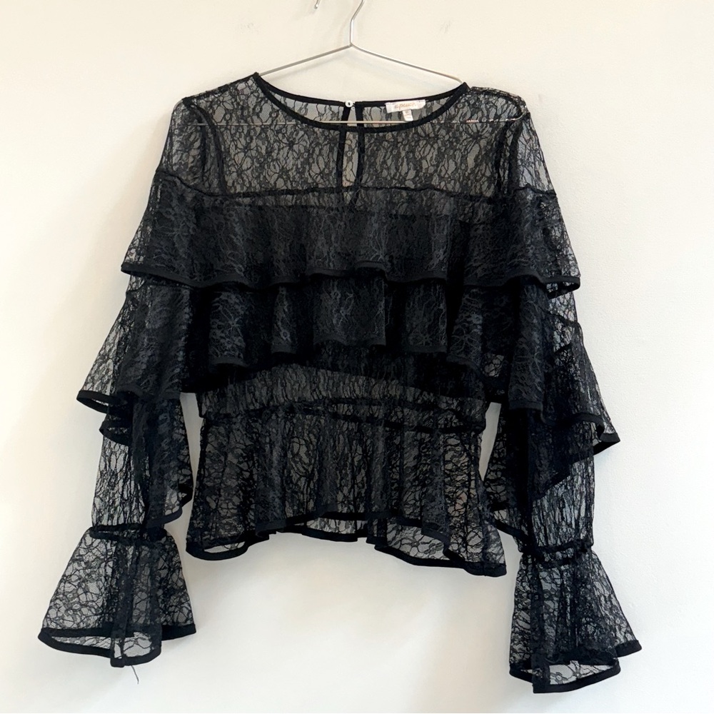 Chic Black Lace Blouse with Ruffle Detail